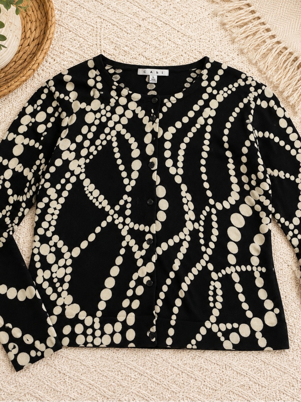 CAbi Black Cream Pearl Dot Print Cotton Cardigan Sweater Size Large.